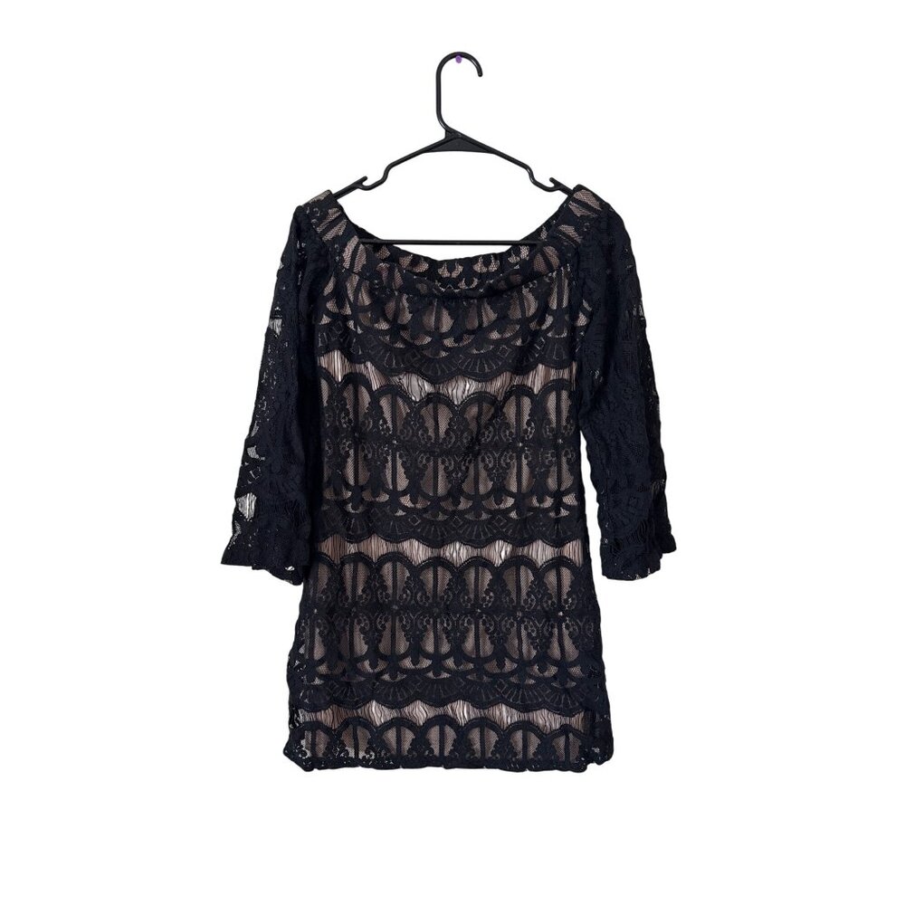 Crystal Doll Black Lace Bell Sleeve Mini Dress Nude Lining Boat Neck Womens M - Picture 1 of 11